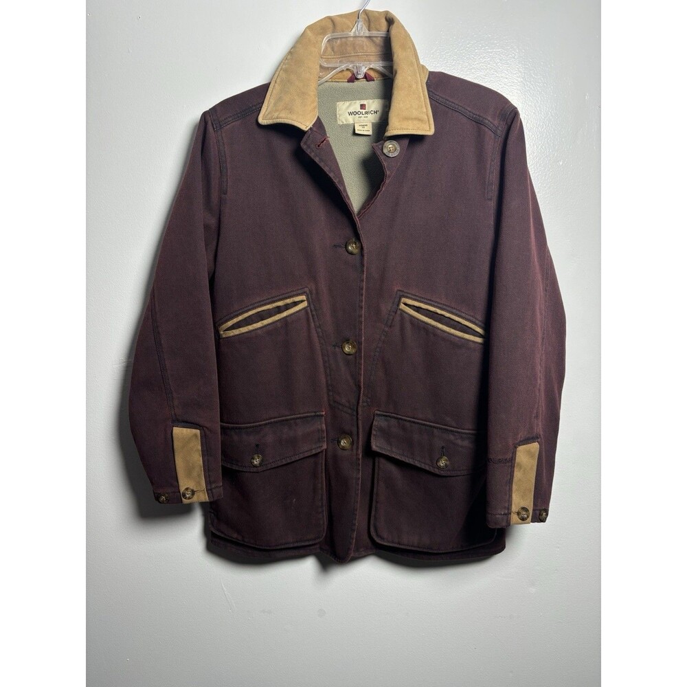 Vintage Woolrich Barn Coat Women’s XS Burgundy Canvas Brown Leather Collar 90s